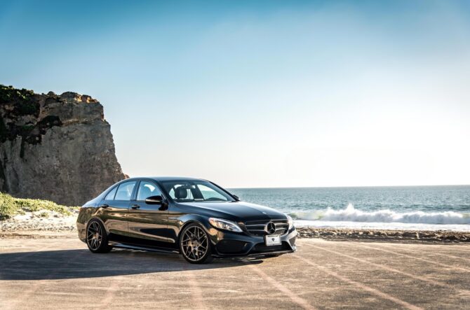 mercedes parked at the beach