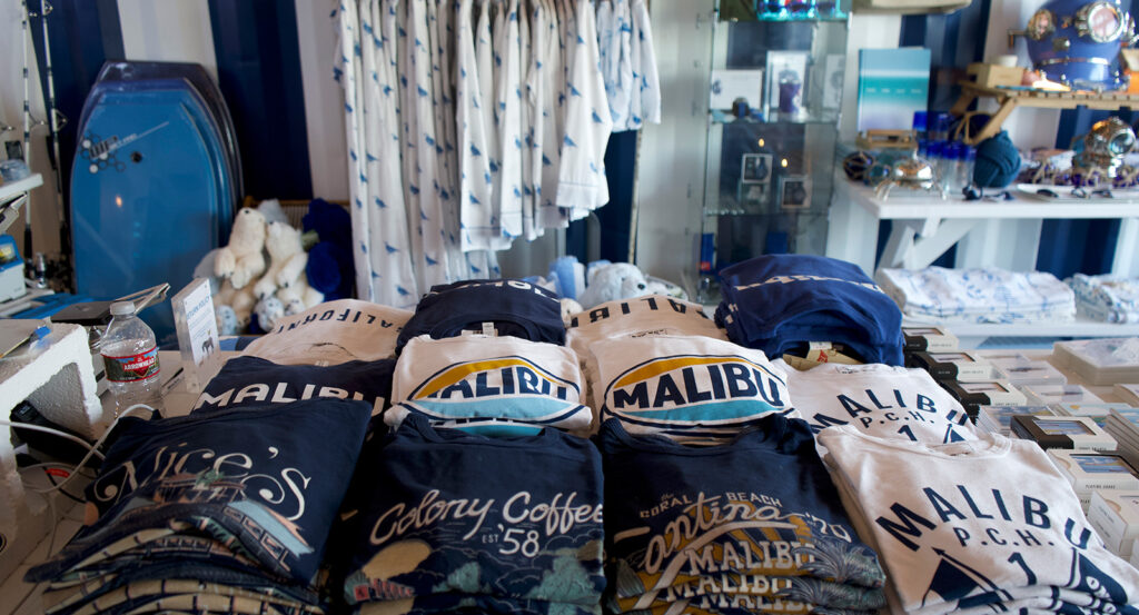 t-shirts and souvenirs from shopping in Malibu