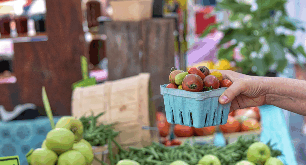 Buying fresh tomatoes and vegetables at a Malibu farmers market.