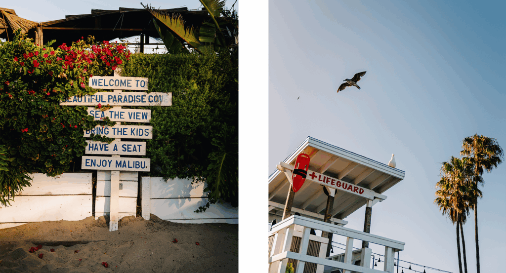 Beach signs and a lifeguard stand with seagulls overhead on a Malibu itinerary vacation.