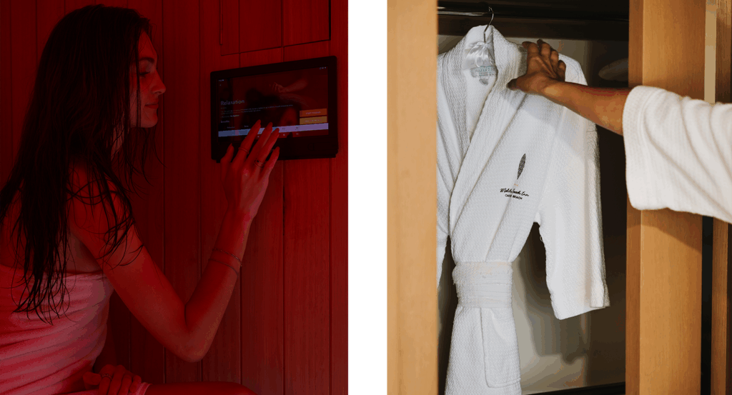 Split image with a woman in red light therapy at Malibu Spa Cure and a man reaching into a closet for a bathrobe.