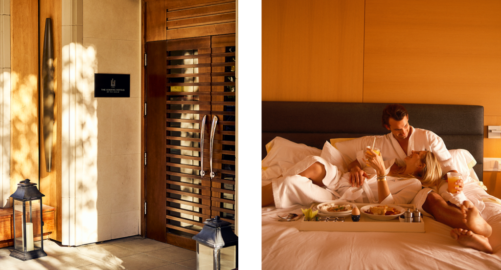 Two images, one of the entrance to Malibu Beach Inn, the second of a couple in bed with brunch