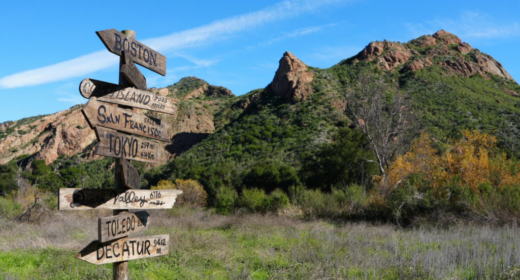 A wooded sign post in Malibu Creek State Park