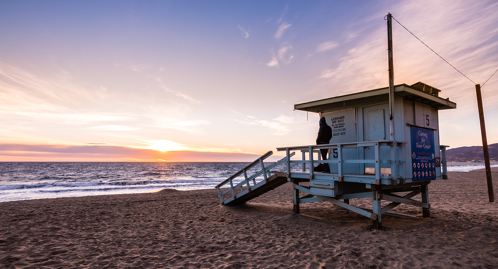Movies filmed in Malibu frequently use lifeguard towers at sunset, pictured here